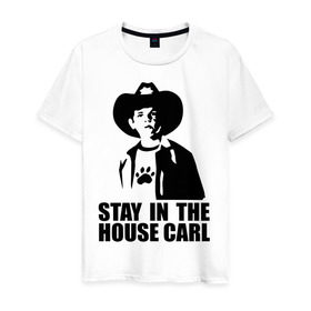 Мужская футболка хлопок с принтом Walking dead - stay in the house Carl в Тюмени, 100% хлопок | прямой крой, круглый вырез горловины, длина до линии бедер, слегка спущенное плечо. | Тематика изображения на принте: зомби