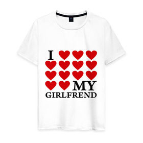 Мужская футболка хлопок с принтом I love my GirlFrend (Я люблю свою подругу) в Тюмени, 100% хлопок | прямой крой, круглый вырез горловины, длина до линии бедер, слегка спущенное плечо. | (я люблю свою подругу | i love my girlfrend | подарок любимому | подарок парню | я люблю свою девушку