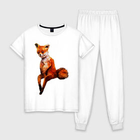 Женская пижама хлопок с принтом Лис в Тюмени, 100% хлопок | брюки и футболка прямого кроя, без карманов, на брюках мягкая резинка на поясе и по низу штанин | лиса