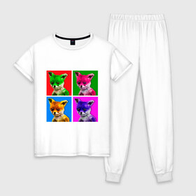 Женская пижама хлопок с принтом Лисы в Тюмени, 100% хлопок | брюки и футболка прямого кроя, без карманов, на брюках мягкая резинка на поясе и по низу штанин | лиса