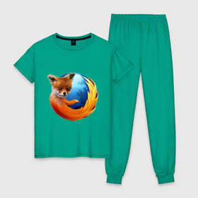 Женская пижама хлопок с принтом Firefox лис в Тюмени, 100% хлопок | брюки и футболка прямого кроя, без карманов, на брюках мягкая резинка на поясе и по низу штанин | лиса