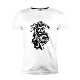 Мужская футболка премиум с принтом Sons of anarchy logo в Тюмени, 92% хлопок, 8% лайкра | приталенный силуэт, круглый вырез ворота, длина до линии бедра, короткий рукав | скелет | сыны анархии