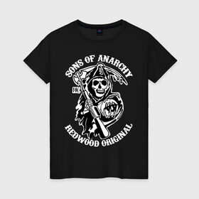 Женская футболка хлопок с принтом Sons of anarchy logo в Тюмени, 100% хлопок | прямой крой, круглый вырез горловины, длина до линии бедер, слегка спущенное плечо | скелет | сыны анархии
