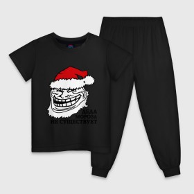 Детская пижама хлопок с принтом Новогодний trollface в Тюмени, 100% хлопок |  брюки и футболка прямого кроя, без карманов, на брюках мягкая резинка на поясе и по низу штанин
 | troll face | trollface | дед мороз | интернет мемы | мемы | тролл фейс | тролфейл