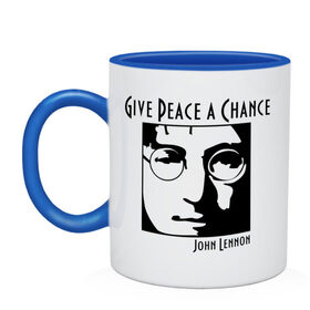 Кружка двухцветная с принтом John Lennon (Джон Леннон) Give Peace a Chance в Тюмени, керамика | объем — 330 мл, диаметр — 80 мм. Цветная ручка и кайма сверху, в некоторых цветах — вся внутренняя часть | beatles | give peace a chance | john lennon | битлз | джон леннон | знаменитости | знаменитые личности | портрет