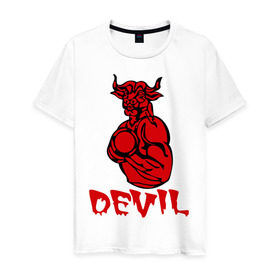 Мужская футболка хлопок с принтом красный дьяволёнок в Тюмени, 100% хлопок | прямой крой, круглый вырез горловины, длина до линии бедер, слегка спущенное плечо. | devil | бицепсы | бык | бычара | гантеля | качок | мускулы | силовой спорт