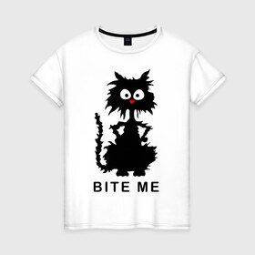 Женская футболка хлопок с принтом Bite me (черный кот) в Тюмени, 100% хлопок | прямой крой, круглый вырез горловины, длина до линии бедер, слегка спущенное плечо | киса | котенок