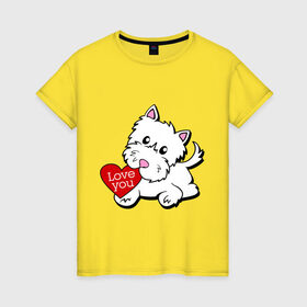 Женская футболка хлопок с принтом Собачка с сердцем в Тюмени, 100% хлопок | прямой крой, круглый вырез горловины, длина до линии бедер, слегка спущенное плечо | 14 feb | 14 февраля | i love you | valentines day | день влюбленных | день всех влюбленных | день святого валентина | песик | собака | собачка | я люблю тебя