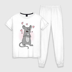 Женская пижама хлопок с принтом Mousy в Тюмени, 100% хлопок | брюки и футболка прямого кроя, без карманов, на брюках мягкая резинка на поясе и по низу штанин | 14 feb | 14 февраля | влюбленным | день святого валентина | любовь | мышка | мышонок | парные