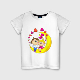 Детская футболка хлопок с принтом Валентинка - на Луне в Тюмени, 100% хлопок | круглый вырез горловины, полуприлегающий силуэт, длина до линии бедер | 14 февраля | валентика | влюбленные | влюбленным | девочка и мальчик | день святого валентина | луна | любовь | сердца