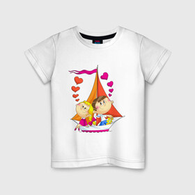 Детская футболка хлопок с принтом Валентинка - на яхте в Тюмени, 100% хлопок | круглый вырез горловины, полуприлегающий силуэт, длина до линии бедер | 14 февраля | валентика | влюбленные | влюбленным | девочка и мальчик | день святого валентина | лодка | любовь | сердца | яхта