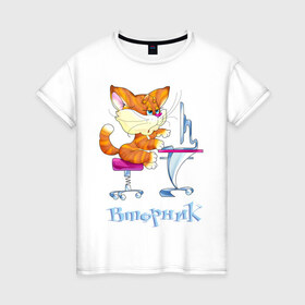 Женская футболка хлопок с принтом Неделька - вторник в Тюмени, 100% хлопок | прямой крой, круглый вырез горловины, длина до линии бедер, слегка спущенное плечо | вторник | кот | котенок | неделька | работа | рыжий кот
