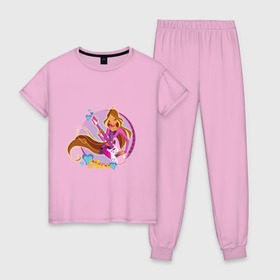 Женская пижама хлопок с принтом WinX - Флора в Тюмени, 100% хлопок | брюки и футболка прямого кроя, без карманов, на брюках мягкая резинка на поясе и по низу штанин | win x | winx | винкс | детские | детям | для детей | феи | флора