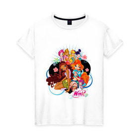 Женская футболка хлопок с принтом Подружки WinX в Тюмени, 100% хлопок | прямой крой, круглый вырез горловины, длина до линии бедер, слегка спущенное плечо | win x | winx | винкс | детские | детям | для детей | подружки | феи