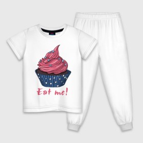 Детская пижама хлопок с принтом Eat me! в Тюмени, 100% хлопок |  брюки и футболка прямого кроя, без карманов, на брюках мягкая резинка на поясе и по низу штанин
 | Тематика изображения на принте: 8 марта | девушкам | корзинка | международный женский день | пирожное | сладости