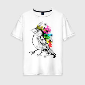 Женская футболка хлопок Oversize с принтом Birdie в Тюмени, 100% хлопок | свободный крой, круглый ворот, спущенный рукав, длина до линии бедер
 | 8 марта | подарок | птица | птичка | разноцветные | цветы