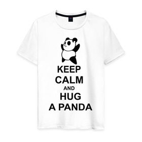 Мужская футболка хлопок с принтом keep calm and hug a panda в Тюмени, 100% хлопок | прямой крой, круглый вырез горловины, длина до линии бедер, слегка спущенное плечо. | панда