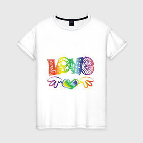 Женская футболка хлопок с принтом Rainbow love в Тюмени, 100% хлопок | прямой крой, круглый вырез горловины, длина до линии бедер, слегка спущенное плечо | Тематика изображения на принте: 