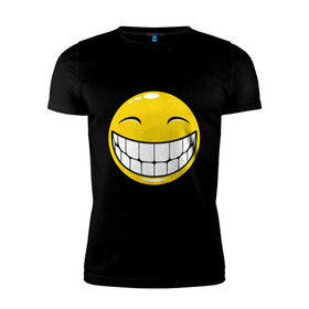 Мужская футболка премиум с принтом Позитивный смайлик (2) в Тюмени, 92% хлопок, 8% лайкра | приталенный силуэт, круглый вырез ворота, длина до линии бедра, короткий рукав | Тематика изображения на принте: зубы | настроение | позитив | рожица | смайл | улыбка