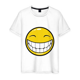 Мужская футболка хлопок с принтом Позитивный смайлик (2) в Тюмени, 100% хлопок | прямой крой, круглый вырез горловины, длина до линии бедер, слегка спущенное плечо. | Тематика изображения на принте: зубы | настроение | позитив | рожица | смайл | улыбка