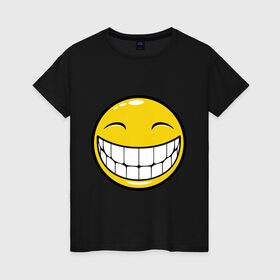 Женская футболка хлопок с принтом Позитивный смайлик (2) в Тюмени, 100% хлопок | прямой крой, круглый вырез горловины, длина до линии бедер, слегка спущенное плечо | Тематика изображения на принте: зубы | настроение | позитив | рожица | смайл | улыбка