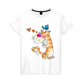 Женская футболка хлопок с принтом Люблю своего котика. в Тюмени, 100% хлопок | прямой крой, круглый вырез горловины, длина до линии бедер, слегка спущенное плечо | Тематика изображения на принте: для влюбленных | для двоих | киса | кошак | любимая | любимый | парные | сердечки | сердца