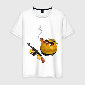 Мужская футболка хлопок с принтом Smile Gangster в Тюмени, 100% хлопок | прямой крой, круглый вырез горловины, длина до линии бедер, слегка спущенное плечо. | smile gangster | автомат | колобок | оружие | смайл гангстер
