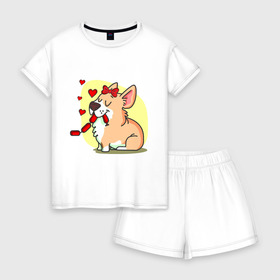 Женская пижама с шортиками хлопок с принтом Влюбленная собачка в Тюмени, 100% хлопок | футболка прямого кроя, шорты свободные с широкой мягкой резинкой | влюбленная собачка | собачка