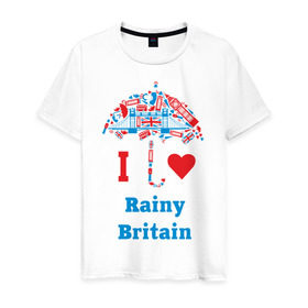 Мужская футболка хлопок с принтом я люблю Британию в Тюмени, 100% хлопок | прямой крой, круглый вырез горловины, длина до линии бедер, слегка спущенное плечо. | i love rainy britain | rainy britain | зонт | зонтик | я люблю британию