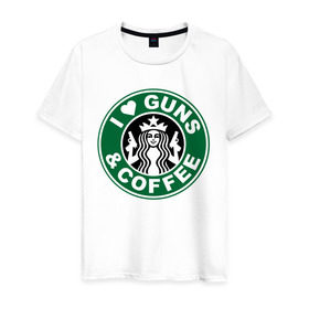 Мужская футболка хлопок с принтом I Love Guns and Coffee пистолеты и кофе в Тюмени, 100% хлопок | прямой крой, круглый вырез горловины, длина до линии бедер, слегка спущенное плечо. | я люблю кофе и пистолеты