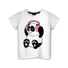 Детская футболка хлопок с принтом Panda in headphones (панда в наушниках) в Тюмени, 100% хлопок | круглый вырез горловины, полуприлегающий силуэт, длина до линии бедер | панда