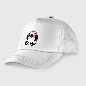 Детская кепка тракер с принтом Panda in headphones (панда в наушниках) в Тюмени, Козырек - 100% хлопок. Кепка - 100% полиэстер, Задняя часть - сетка | универсальный размер, пластиковая застёжка | панда