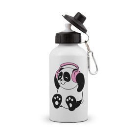 Бутылка спортивная с принтом Panda in headphones (панда в наушниках) в Тюмени, металл | емкость — 500 мл, в комплекте две пластиковые крышки и карабин для крепления | панда