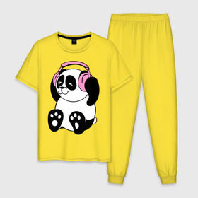 Мужская пижама хлопок с принтом Panda in headphones (панда в наушниках) в Тюмени, 100% хлопок | брюки и футболка прямого кроя, без карманов, на брюках мягкая резинка на поясе и по низу штанин
 | Тематика изображения на принте: панда