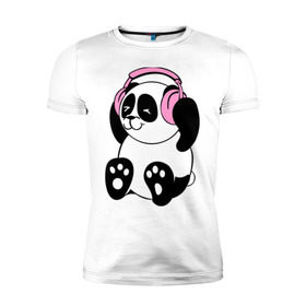 Мужская футболка премиум с принтом Panda in headphones (панда в наушниках) в Тюмени, 92% хлопок, 8% лайкра | приталенный силуэт, круглый вырез ворота, длина до линии бедра, короткий рукав | Тематика изображения на принте: панда
