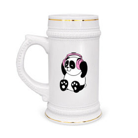 Кружка пивная с принтом Panda in headphones (панда в наушниках) в Тюмени,  керамика (Материал выдерживает высокую температуру, стоит избегать резкого перепада температур) |  объем 630 мл | Тематика изображения на принте: панда