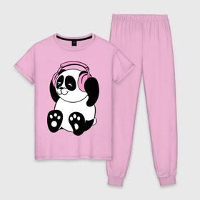 Женская пижама хлопок с принтом Panda in headphones (панда в наушниках) в Тюмени, 100% хлопок | брюки и футболка прямого кроя, без карманов, на брюках мягкая резинка на поясе и по низу штанин | панда
