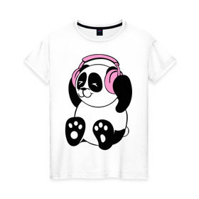 Женская футболка хлопок с принтом Panda in headphones (панда в наушниках) в Тюмени, 100% хлопок | прямой крой, круглый вырез горловины, длина до линии бедер, слегка спущенное плечо | Тематика изображения на принте: панда