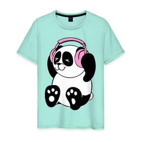 Мужская футболка хлопок с принтом Panda in headphones (панда в наушниках) в Тюмени, 100% хлопок | прямой крой, круглый вырез горловины, длина до линии бедер, слегка спущенное плечо. | панда