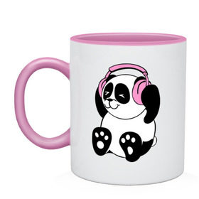 Кружка двухцветная с принтом Panda in headphones (панда в наушниках) в Тюмени, керамика | объем — 330 мл, диаметр — 80 мм. Цветная ручка и кайма сверху, в некоторых цветах — вся внутренняя часть | Тематика изображения на принте: панда