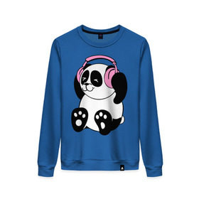 Женский свитшот хлопок с принтом Panda in headphones (панда в наушниках) в Тюмени, 100% хлопок | прямой крой, круглый вырез, на манжетах и по низу широкая трикотажная резинка  | панда