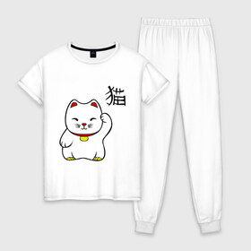 Женская пижама хлопок с принтом Манэки-нэко (Maneki-Neko) в Тюмени, 100% хлопок | брюки и футболка прямого кроя, без карманов, на брюках мягкая резинка на поясе и по низу штанин | Тематика изображения на принте: кошки | няш | символ счастья | японские кошки