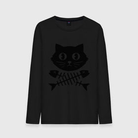 Мужской лонгслив хлопок с принтом Пиратский знак кот и кости в Тюмени, 100% хлопок |  | киса | косточки от рыбы | кот | котенок | кошка | рыбка | черный кот