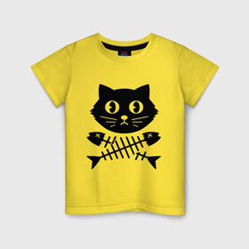 Детская футболка хлопок с принтом Пиратский знак кот и кости в Тюмени, 100% хлопок | круглый вырез горловины, полуприлегающий силуэт, длина до линии бедер | киса | косточки от рыбы | кот | котенок | кошка | рыбка | черный кот