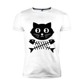 Мужская футболка премиум с принтом Пиратский знак кот и кости в Тюмени, 92% хлопок, 8% лайкра | приталенный силуэт, круглый вырез ворота, длина до линии бедра, короткий рукав | киса | косточки от рыбы | кот | котенок | кошка | рыбка | черный кот