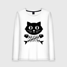 Женский лонгслив хлопок с принтом Пиратский знак кот и кости в Тюмени, 100% хлопок |  | киса | косточки от рыбы | кот | котенок | кошка | рыбка | черный кот