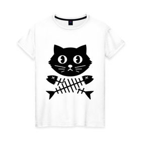 Женская футболка хлопок с принтом Пиратский знак кот и кости в Тюмени, 100% хлопок | прямой крой, круглый вырез горловины, длина до линии бедер, слегка спущенное плечо | Тематика изображения на принте: киса | косточки от рыбы | кот | котенок | кошка | рыбка | черный кот