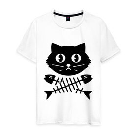Мужская футболка хлопок с принтом Пиратский знак кот и кости в Тюмени, 100% хлопок | прямой крой, круглый вырез горловины, длина до линии бедер, слегка спущенное плечо. | киса | косточки от рыбы | кот | котенок | кошка | рыбка | черный кот