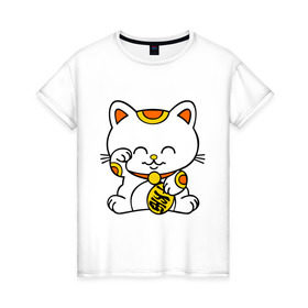 Женская футболка хлопок с принтом Maneki-Neko Манэки – кошка удачи в Тюмени, 100% хлопок | прямой крой, круглый вырез горловины, длина до линии бедер, слегка спущенное плечо | киса | котенок | кошка удачи | японские кошки