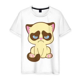 Мужская футболка хлопок с принтом Недовольный котёнок в Тюмени, 100% хлопок | прямой крой, круглый вырез горловины, длина до линии бедер, слегка спущенное плечо. | Тематика изображения на принте: киса | котенок | котик | кошка | хмурый кот